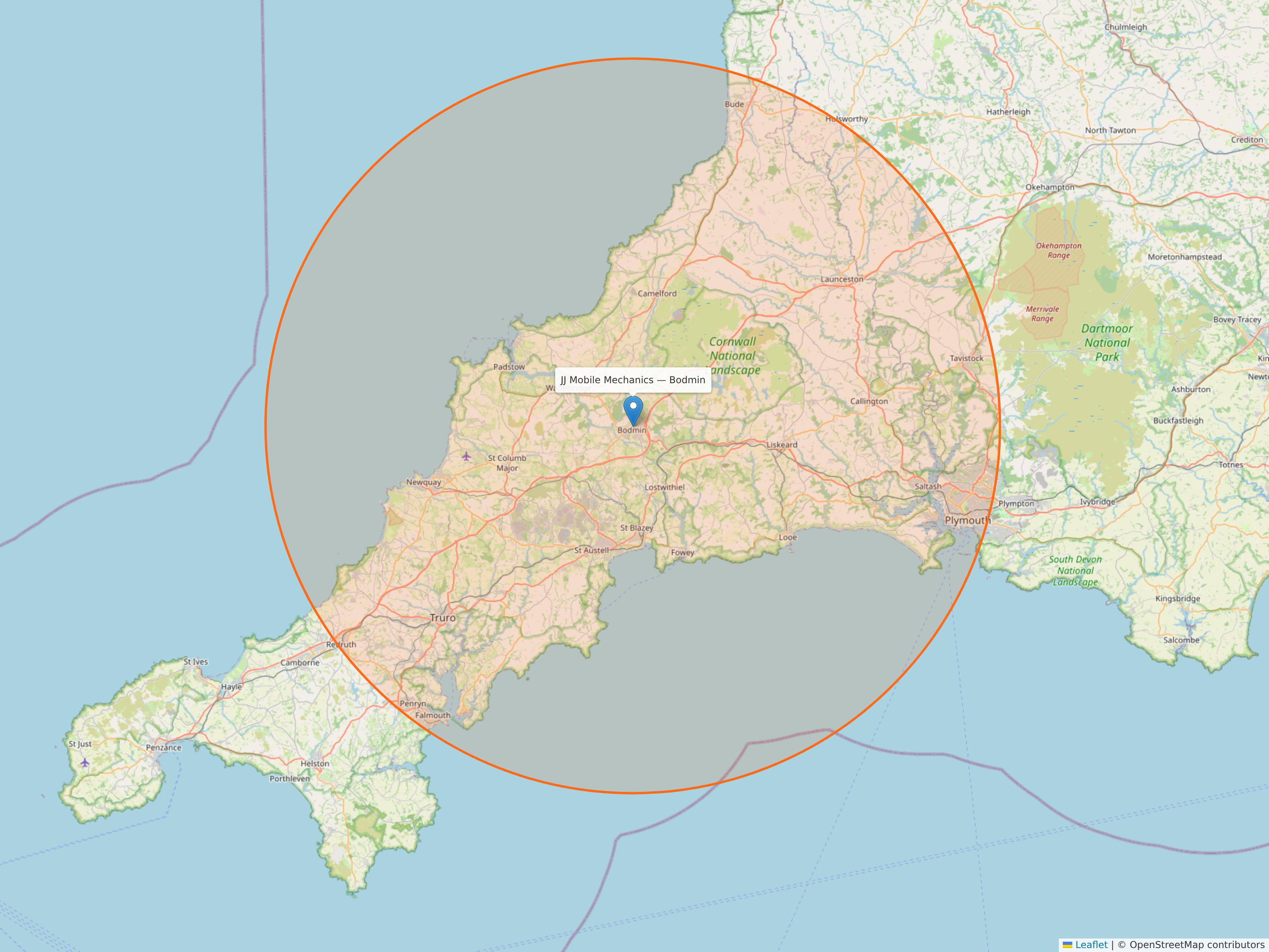Map of Cornwall showing JJ Mobile Mechanics' Bodmin base and the ~45km service radius covering the county.
